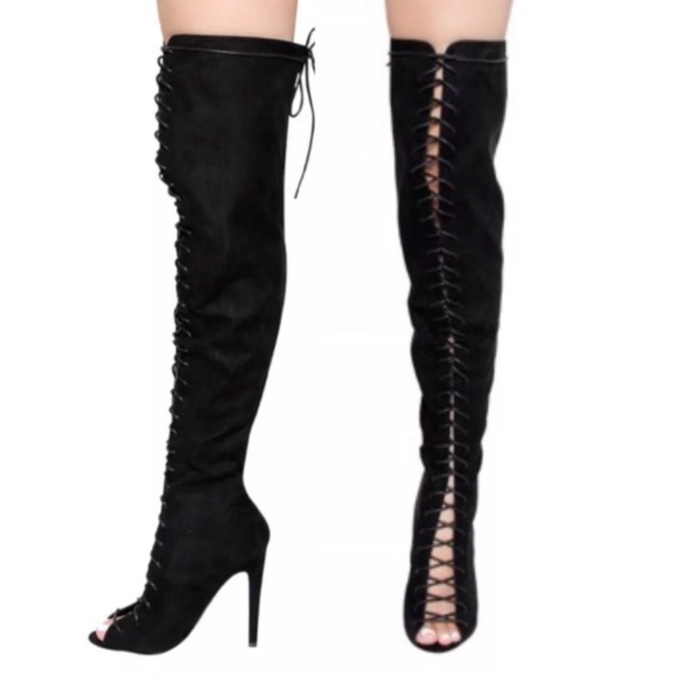 Black thigh high lace boots
